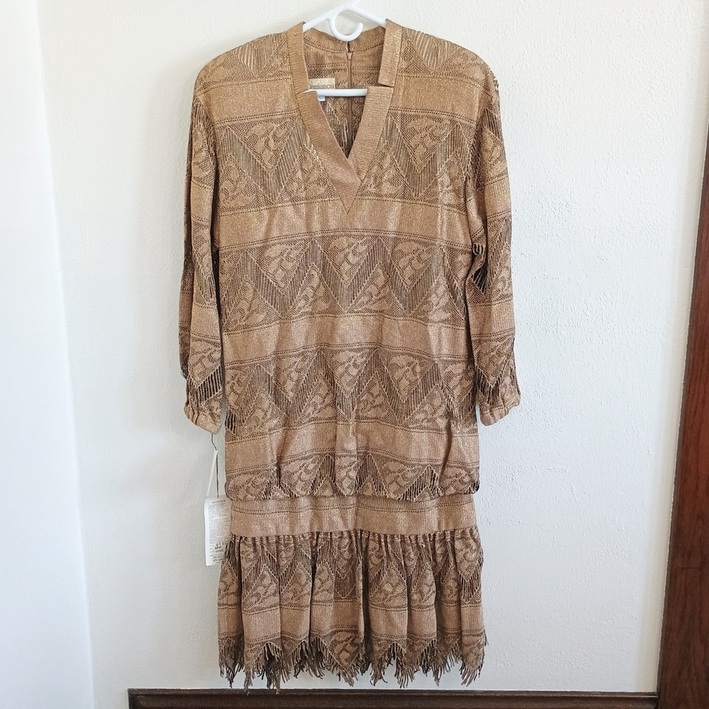 NWT Vintage Damianou Sparkly Gold Cutout Formal Flapper Dress Long Sleeve Size L